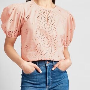 Express Embroidered Eyelate lace puff sleeve top pink size s